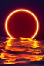 Glowing Neon Red Circle Ring Line With Reflections On Water