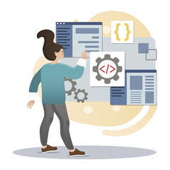 Api. Isolated flat style colored illustration. Cloud storage, online base, marketing solution. IPO girl and mechanism.