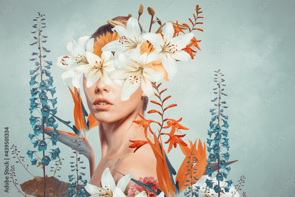 Abstract art collage of young woman with flowers - obrazy, fototapety, plakaty 
