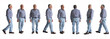 front, back, side wiew and walking of same man on white background