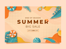 Memphis Watercolor Summer Sale Banner Template With Leaf, Lemon, Buoy, And Sunglasses Illustration Vector