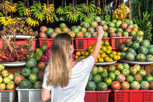 Tourist Woman At Tropical Fruit Market 