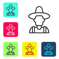 Poster - Black line Farmer in the hat icon isolated on white background. Set icons in color square buttons. Vector