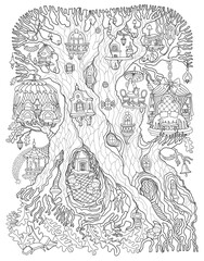 Vector hand drawn fantasy old tree with fairy tale house. Linear contour sketch black and white background. Adults and children Coloring book page, quarantine isolation period concept