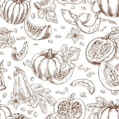 Poster - Seamless outlined pattern with engraved pumpkins and leaves. Endless repeatable black and white background with fall vegetables. Vintage hand-drawn vector illustration of texture with etched gourds