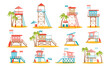 © Hanna Syvak - Set of Lifeguard Station Towers, Rescue Beach Watchtower Buildings with Ladder, Flag and Lifebuoy on Sandy Ocean Shore