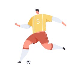 Wall Mural - Football player in uniform running to kick ball with foot. Abstract footballer playing soccer. Sportsman in motion. Colored flat vector illustration of athlete isolated on white background