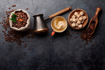 Wall Mural - Coffee beans, Turkish jezve, coffee cup and sugar