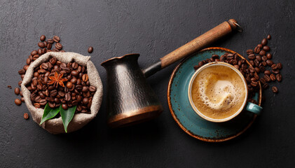 Wall Mural - Coffee beans, Turkish jezve and coffee cup