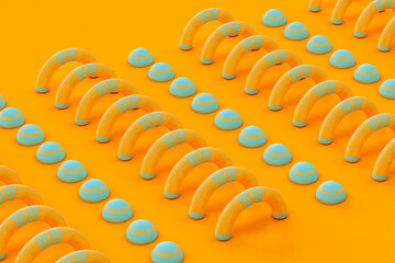 Abstract arches and spheres on orange background