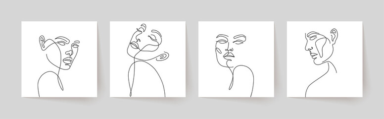 Wall Mural - set of stylized woman faces. modern single line art. woman beauty fashion concept, minimalistic styl