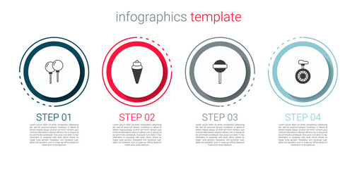 Poster - Set Balloons with ribbon, Ice cream in waffle cone, Lollipop and Unicycle or wheel bicycle. Business infographic template. Vector