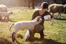 Woman Feeding A Lamb With A Bottle Of Milk, Hand Raising