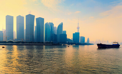 Shanghai skyline in sunny morning with cloud sky, misty and Huangpu river cityscape view