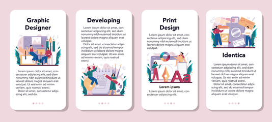 Poster - graphic designer mobile application banner set. digital artist creating brand