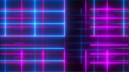 Poster - Geometric 3d render intersecting lines in digital synthwave. Thin strips rays running along vaporwave surfaces. Electronic futuristic disco with brilliant techno style. Night party in retro design.