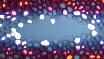 Poster - Abstract geometric background with colorful hexagons, some emitting light. 3D render / rendering
