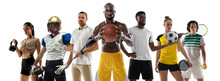 Sport Collage. Tennis, Soccer Football, Basketball Players Posing Isolated On White Studio Background.