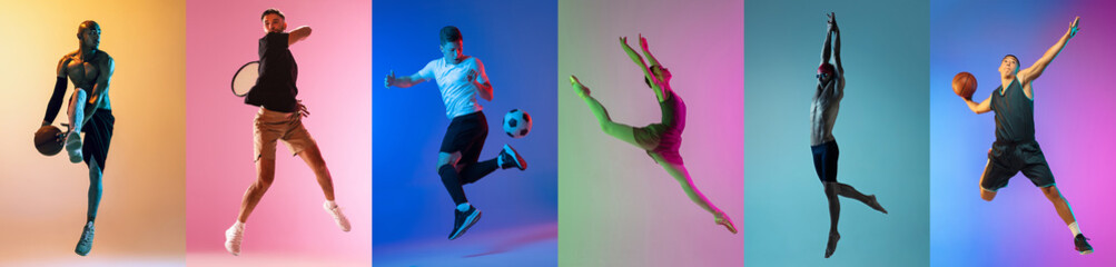 collage of different professional sportsmen, fit people isolated on color background. flyer.