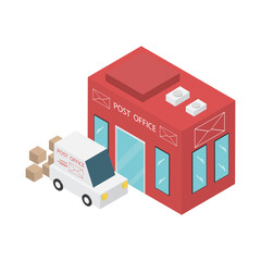 Post office building with delivery truck in isometric 3d style icon. Vector illustration.