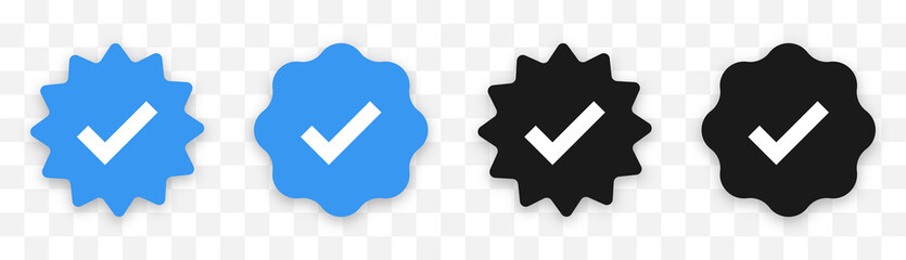 Verified badge profile set. Social media account verification icons . Isolated check mark  on black and blue. Guaranteed signs. Vector illustration.