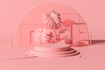 Poster - Minimal scene of geometric round podium with balloons and plant for product presentation, 3D rendering.