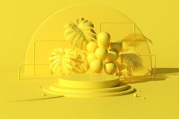Poster - Minimal scene of geometric round podium with balloons and plant for product presentation, 3D rendering.