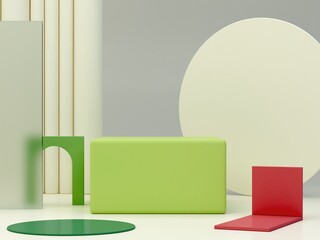 Aufkleber - Minimal podium  to show a product with geometrical forms in green, cream and pink colors.  Abstract cosmetic background. Empty scene. Pastel cream minimal wall. Fashion showcase. 3d render. 