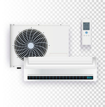 Vector Set Of Air Conditioner Installation On Transparent Background.