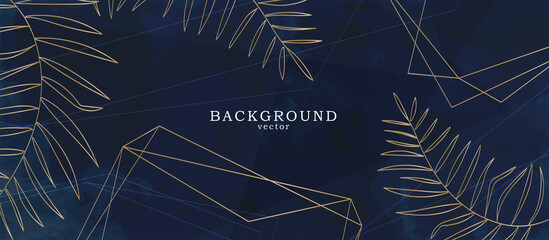 Wall Mural - Abstract background art with botanical leaves on dark blue background. Tidewater colors wall art decor. Boho style minimalistic background. Vector illustration.