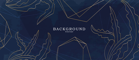Wall Mural - Abstract background art with botanical leaves on dark blue background. Tidewater colors wall art decor. Boho style minimalistic background. Vector illustration.