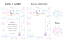 Boy Or Girl Invitation Card Layout Watercolor. Gender Reveal Party Invitations Card Pink And Blue. A Stork Flying In The Sky Delivering Newborn Baby.  Blue And Pink Clouds. Baby Shower Invitation