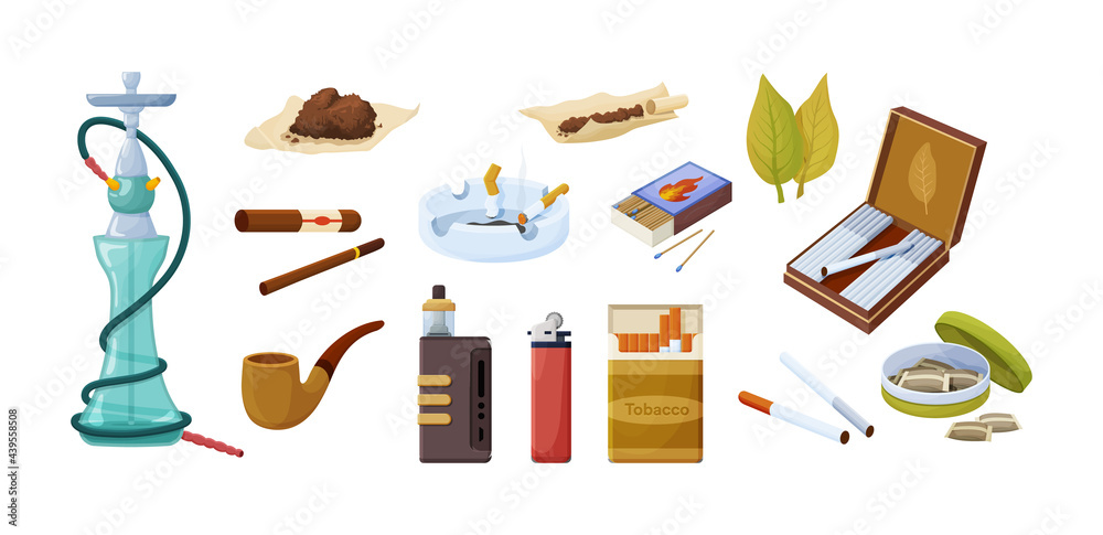 things in tobacco Collection tobacco products. Set of different things and accessories for  smoking vector illustration Stock Vector