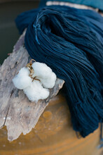 White Fluffy Cotton And Indigo Thread