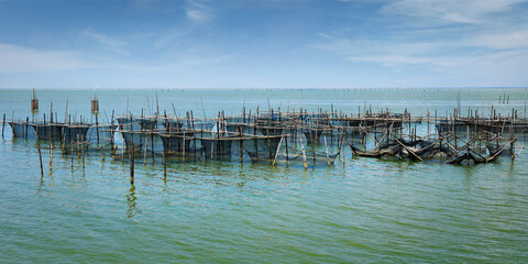 Wall Mural - fish net farm at phattalung in thailand