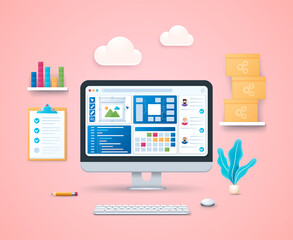 Poster - Product engineering design template. Process of innovating, designing, developing, testing and deploying a software product. Computer with open pages on screen. Keyboard and mouse. Web vector illustra