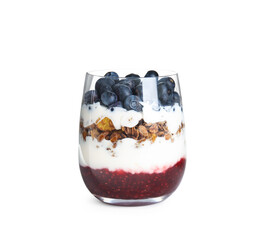 Wall Mural - Delicious yogurt parfait in glass isolated on white