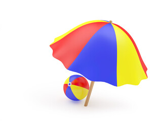 Sticker - Colorful beach umbrella with ball isolated on white. 3d illustration 