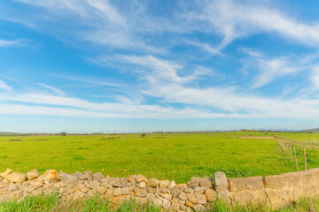 Dry stone wall in the Sardinian countryside under a blue sky