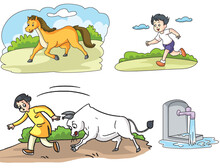 Cartoon Illustration Of A Running Horse, A Running Boy, A Running Ox, A Running Water From Tap