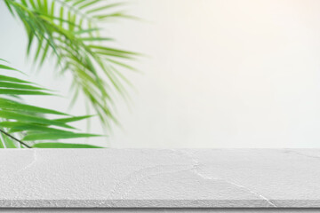 Wall Mural - abstract blur tropical coconut leaves with white concrete table background for show , promote ,design banner ads on summer season display concept