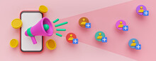 Refer A Friend Marketing Concept. Smartphone, Megaphone, Coins. Colorful Banner. 3d Rendering