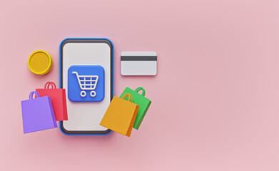 Poster - online shopping with smartphone, shopping bags, credit card, coin. minimal background with copy spac