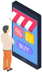 Poster - online shopping web technologies concept. man standing next to big smartphone in form of trade kiosk