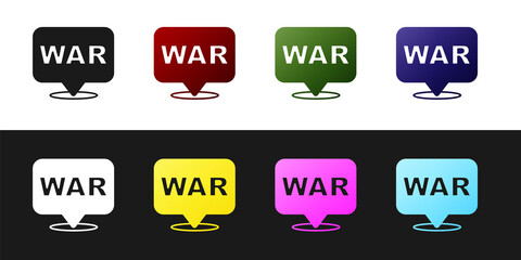 Sticker - Set The word war icon isolated on black and white background. International military conflict. Army. Armament. Nuclear weapon. Template for text. Vector