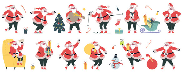 Poster - Cute Santa Claus. Christmas winter holidays characters, cheerful Santa with gifts vector illustration set. Funny Christmas mascot