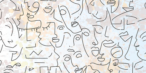 One line drawing. Abstract face seamless pattern.