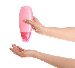 Sticker - Woman holding bottle of shower gel on white background, closeup. Mockup for design