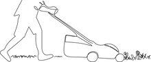 Gardener Cuts Grass On The Lawn With The Lawn Mower. Machine For Cutting Lawns, Gardening Grass-cutter. Vector Lineart, One Line Illustration