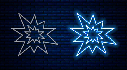 Sticker - Glowing neon line Bomb explosion with shrapnel and fireball icon isolated on brick wall background. Vector